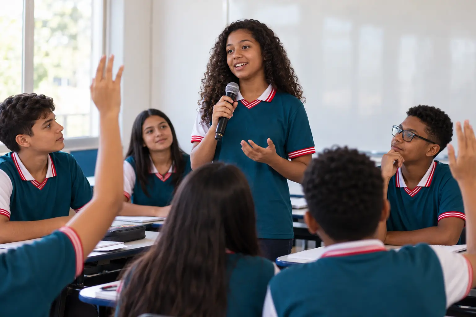 Alunos dos anos finais da Escola Tom e Jerry em atividade de debate em sala de aula